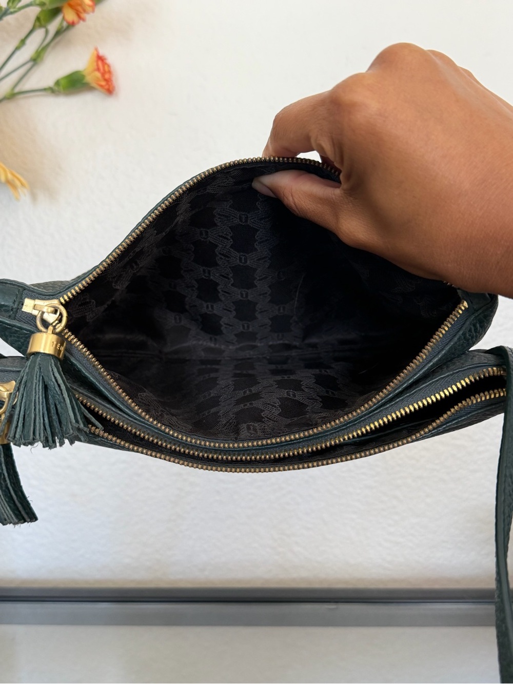 Ted Baker Forest Green Pebbled Leather Crossbody with Tassel - Picture 4 of 6